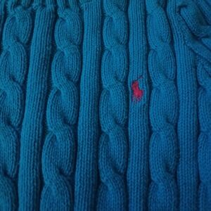 Ralph Lauren Crewneck Cable Knit Sweater in Teal with Red Pony